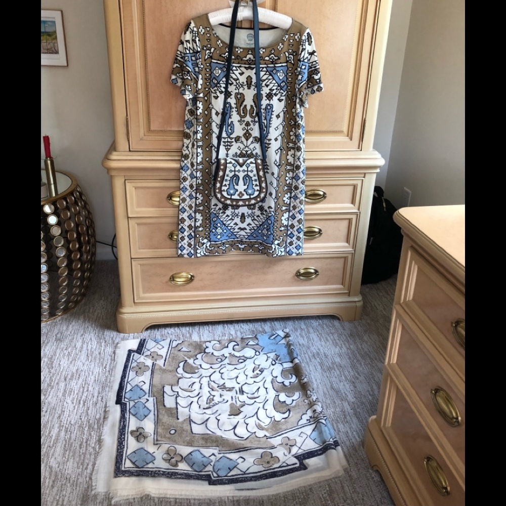 Tory Burch sheath dress, purse, and matching scarf